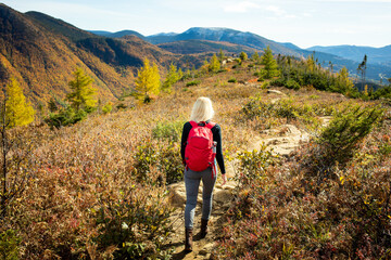 Hiker explores autumn landscape on a trail surrounded by colorful foliage in the mountains