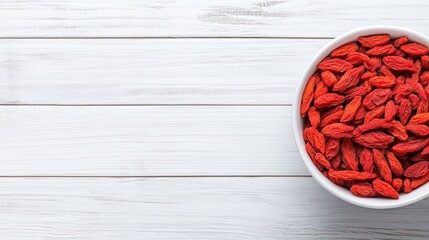 Fototapeta premium Red goji berries in bowl on white wood background