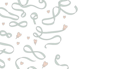 Illustration of light blue ribbons in various shapes with small heart pins on a white background