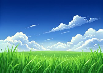 Obraz premium Lush green grass in the foreground under a bright blue sky with large, fluffy white clouds, rendered in a vivid, stylized art style.
