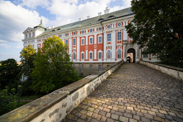 Broumov Monastery entrance bridge leading to the main gate in Czechia