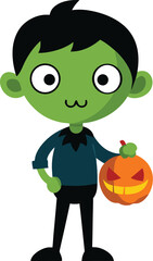 Cute Cartoon Zombie Boy Holding a Jack O Lantern for Halloween