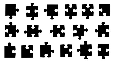 Black jigsaw puzzle piece silhouettes set — modular puzzle shapes for games, education, problem solving and design layouts