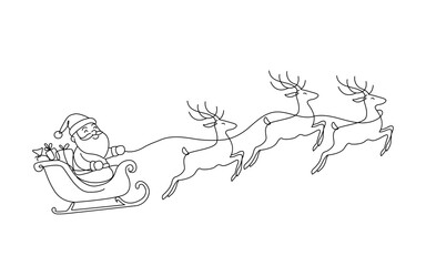 Santa Claus on reindeer and sleigh drawn with one continuous line. Concept for Christmas and New Year. Design for greeting card or banner. Vector illustration.