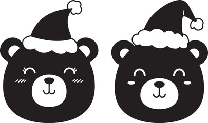 Two adorable black bear faces wearing santa hats silhouette