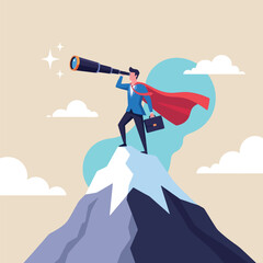A businessman with a cape standing on a mountain looking through a telescope