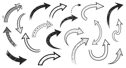Fototapeta premium Mixed hand-drawn arrow collection: curved, dotted, thick and sketchy arrows for diagrams, annotations and creative flowcharts