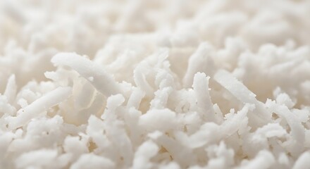 Macro shot of finely shredded coconut flakes, showcasing their texture and natural white color