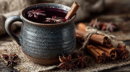 Warm spiced mulled wine in rustic mug with cinnamon sticks and star anise, perfect for cozy autumn evenings