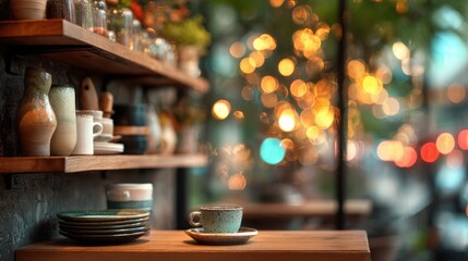 Fototapeta premium this stunning coffee shop photograph featuring a cozy shelf and table setup perfect for a cafe or restaurant decor the bokeh effect in the background adds a touch of magic to the scene 