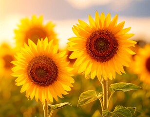 Obraz premium Three vibrant sunflowers at sunset