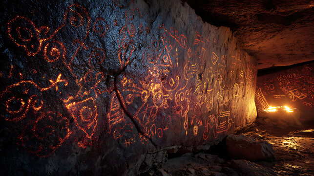 Illuminated ancient carvings on the walls of the megalithic passage tomb of knowth, ireland