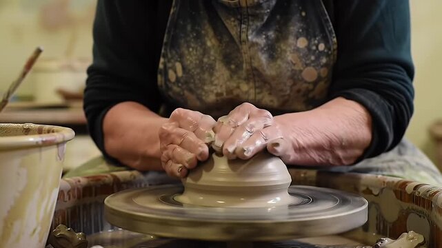 Artisanal Pottery Creation: Hands Shaping Clay on Spinning Wheel, a Craftsmanship Demonstration