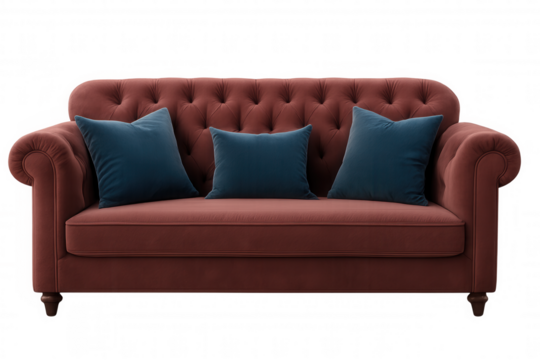 Red chesterfield sofa with blue pillows isolated on transparent background, perfect for interior design projects