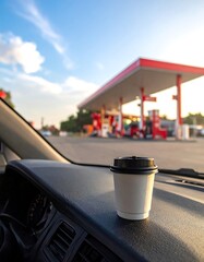 Coffee cup on dashboard at gas station