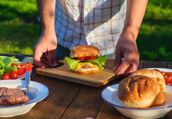 Homemade burger with beef patty, cheese, lettuce and sweet pepper on a wooden board on a dark background outside in the yard on a sunny day. American cuisine.