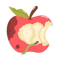 Detailed vector illustration of a spoiled and rotte red apple with a prominent bite mark and a green worm emerging, representing decay and food waste