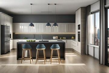 Aesthetic modern kitchen design with pendant lights, island seating and light wood floors
