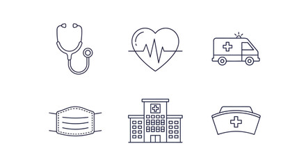 A collection of six medical and healthcare line icons: stethoscope, heartbeat, ambulance, face mask, hospital, and nurse cap.