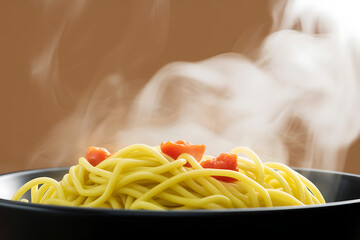 Close up of steaming hot spaghetti with red tomato pieces in a black bowl ready to be served and enjoyed