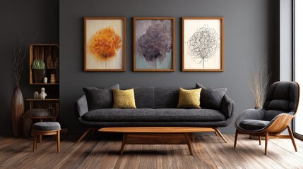 midcentury home interior design for a modern living room featuring a dark grey sofa and chair against a grey wall with three art frames generative ai