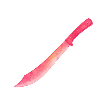 Watercolor red machete with pink handle on black background, cut out