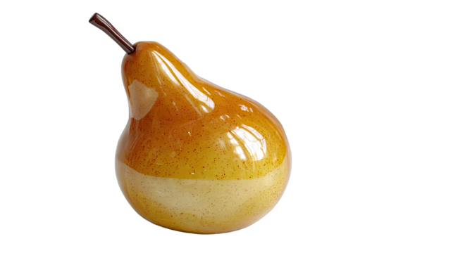 A glossy, decorative pear, golden-orange with cream highlights,  resting on a dark background.  Stem is dark brown