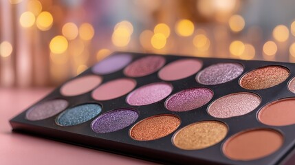 an open eyeshadow palette displaying many various shimmering and matte colors rests against a soft pastel background with bokeh lights