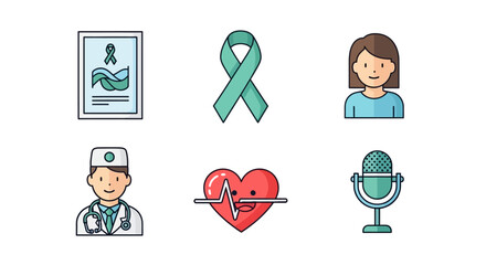 A set of six colorful medical and healthcare icons representing a doctor, patient, awareness, cardiology, and certification.