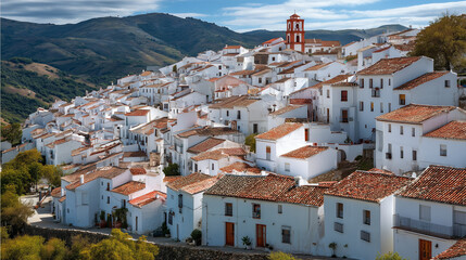 Fototapeta premium Generic stock image of a traditional rural village street with houses and asphalt road, surrounded by countryside landscape, created for real estate and housing use in southern Europe. Not a specific 