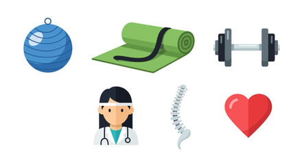A set of icons representing health, fitness, and medical care concepts including an exercise ball, yoga mat, dumbbell, doctor, spine, and heart.
