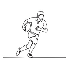 Single continuous line Art drawing of young agile rugby player running and holding the ball. Competitive sport concept. with white background