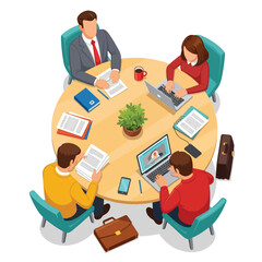 Business meeting with colleagues around a table isolated on white background