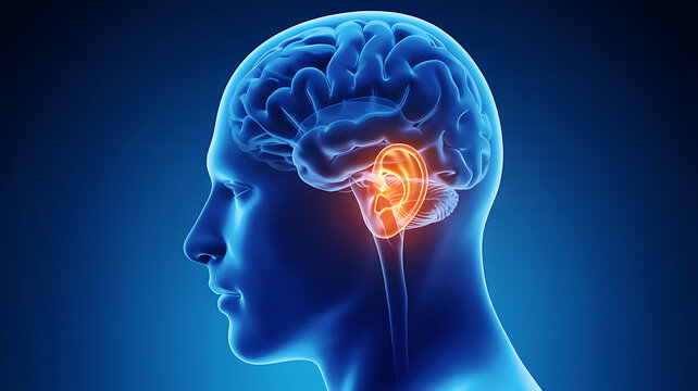 Illustration of the human brain with highlighted cerebellum and brainstem on a blue background, 3d rendering medical technology