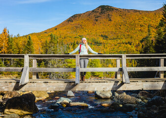 Woman enjoying autumn scenery on a wooden bridge over a stream in the mountains during daylight hours