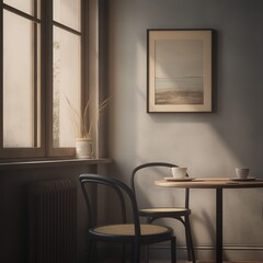 sunlit cafe corner, round wooden table beside window, two chairs, cups, framed art, soft shadows, calm atmosphere, copyspace, concept of hospitality, interior design, lifestyle