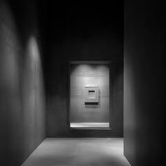 minimal museum gallery, concrete walls, single framed artwork under soft spotlight, deep shadows, quiet atmosphere, copyspace, concept of architecture, culture, exhibition