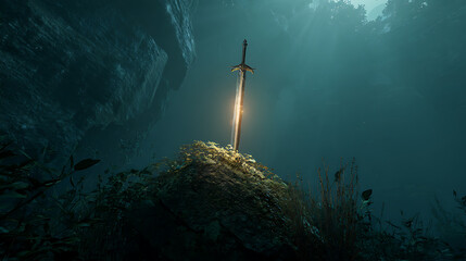 Naklejka premium A sword in the stone underwater with sun rays shining down on it in a cave