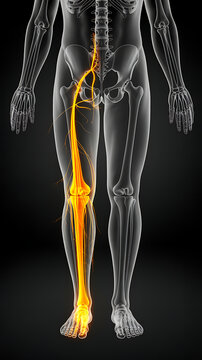 Illustration of the human body highlighting the sciatic nerve, a major nerve extending down the leg medical technology