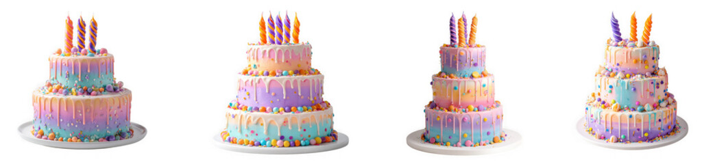 Four colorful birthday cakes with lit candles isolated on transparent background, perfect for celebrating a special occasion or milestone with joy