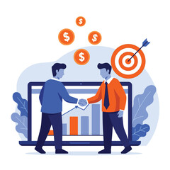 Businessmen shaking hands in front of a laptop with target and coins