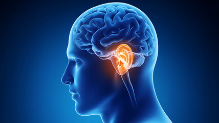 Human brain anatomy with highlighted inner ear in blue body, a detailed medical 3d rendering of the human body medical technology