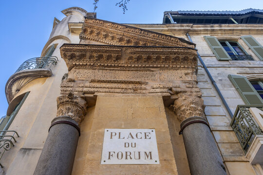 Cryptoporticus of the Roman Forum in Arles, Place du Forum, France, showing architectural details and blue sky