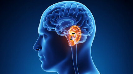 Obraz premium Illustration of a human head with the brain and ear highlighted, showcasing the auditory system function medical technology