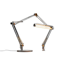 Adjustable, articulated lamp with a flexible arm.  A modern, metallic desk lamp with a light bar.  The lamp has a light source inside the bar, and the arms can bend.  Base is a light grey