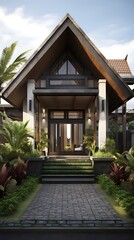 Fototapeta premium Architectural elegance residence modern house design with natural stone path harmony serenity and