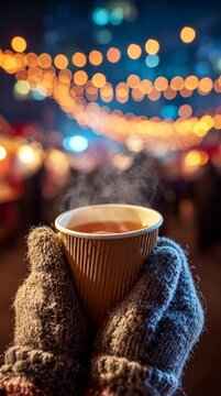 stop-motion hot apple cider in a paper cup held by hands in knitted gloves, with blurred Christmas market lights and people in the background, steam rising in the cold night air, creating a warm festi
