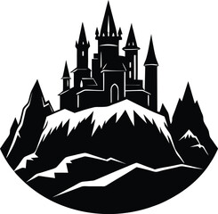 Silhouette of a Fantasy Castle on a Hill in a Circular Frame on white background