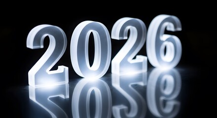 Minimalist glowing glass 2026 design symbolizing new year, technology, clean aesthetics, modern future, and innovation with sleek elegance.
