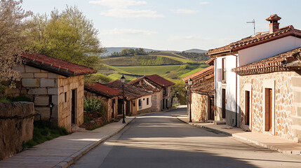 Generic stock image of a traditional rural village street with houses and asphalt road, surrounded by countryside landscape, created for real estate and housing use in southern Europe. Not a specific 